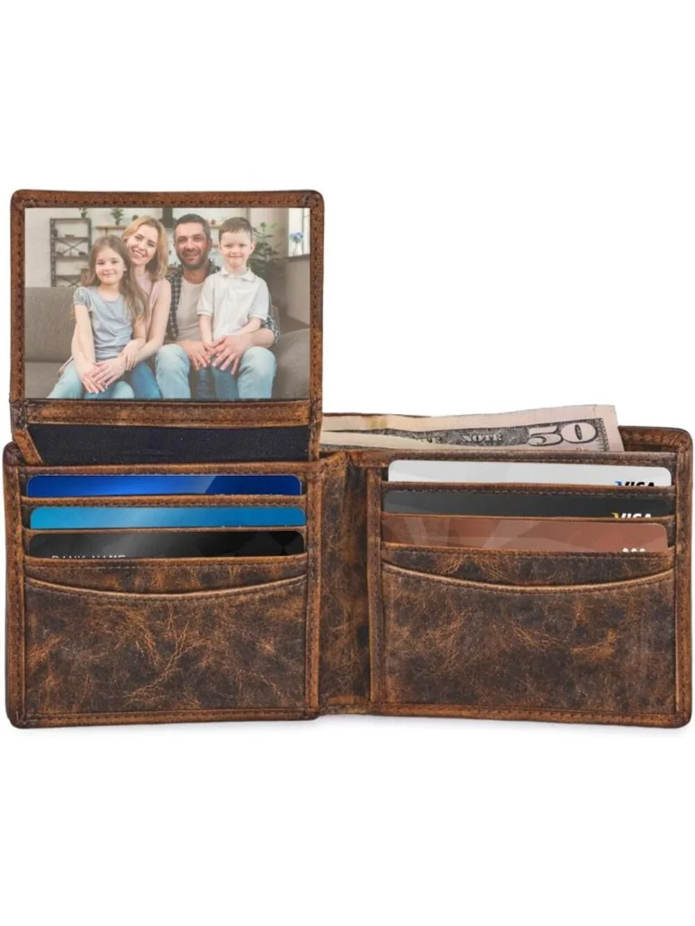 Slim Bifold Leather Wallet for Men, RFID Blocking, 12 Card Slots, Minimalist